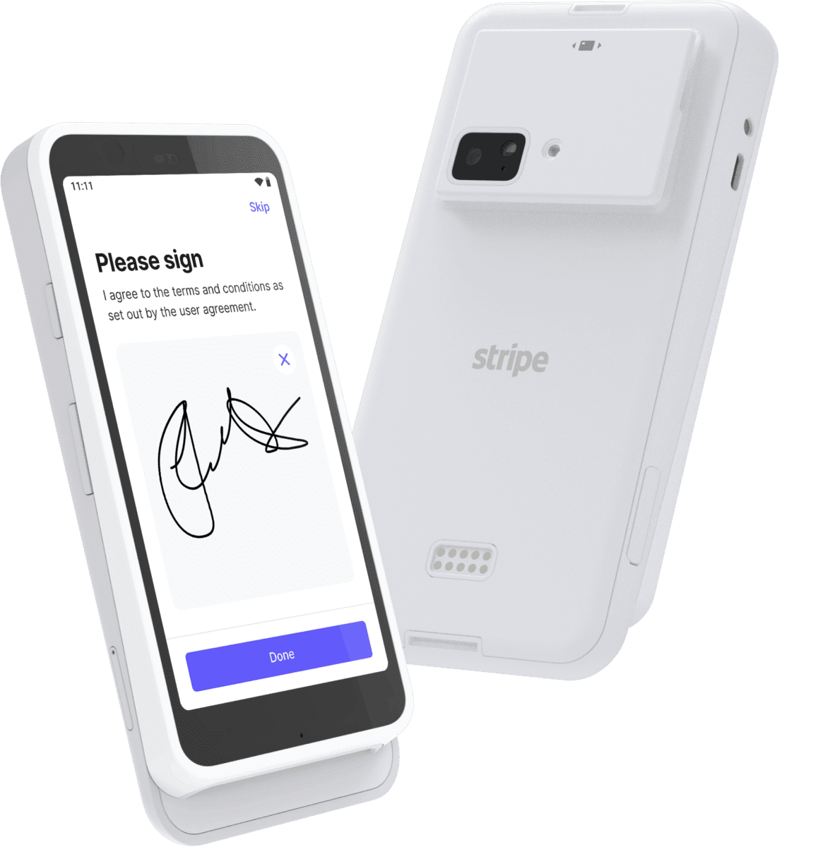 Phone signing a waiver beside a Stripe S700 card terminal