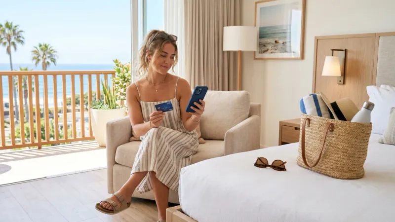Customer booking beach chair rental online with smartphone