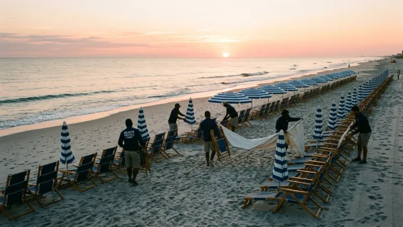 Team organizing beach chairs to start daily rental service