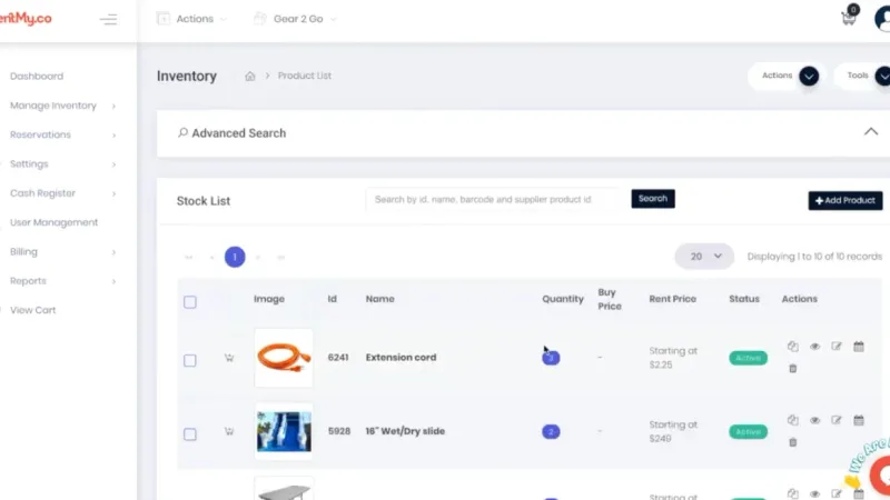 RentMy inventory dashboard showing real‑time rental availability