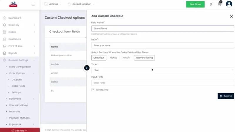 RentMy dashboard showing digital waiver configuration