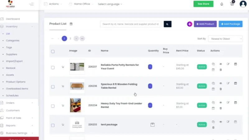 Product list view showing active rental items and pricing