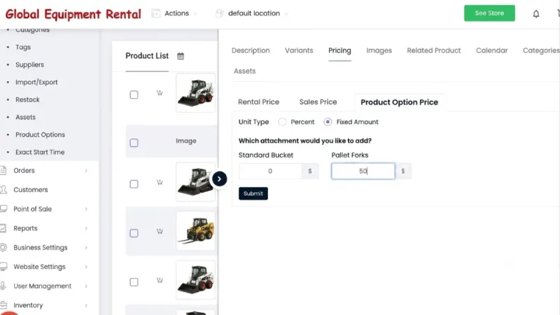 RentMy attachment bundles pricing setup for skid steer rental business