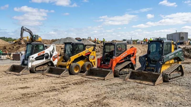 Skid steer rental business fleet with Bobcat, CAT, Kubota, and Deere loaders