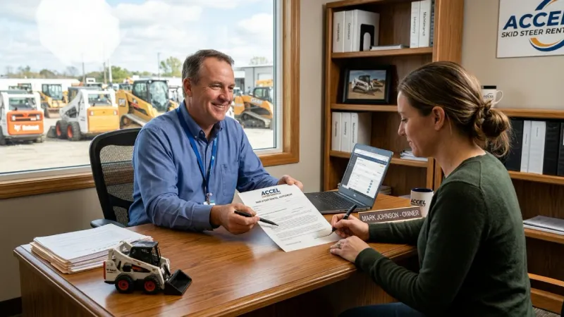 Skid steer rental business office with insurance and contract documents