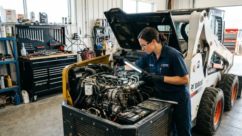 Technician inspecting skid steer loader engine for rental business upkeep