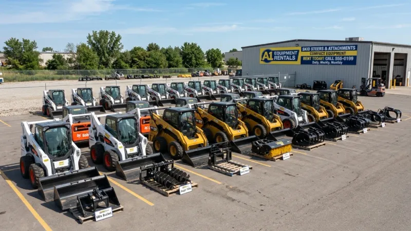 Skid steer rental business lot with loaders and attachments