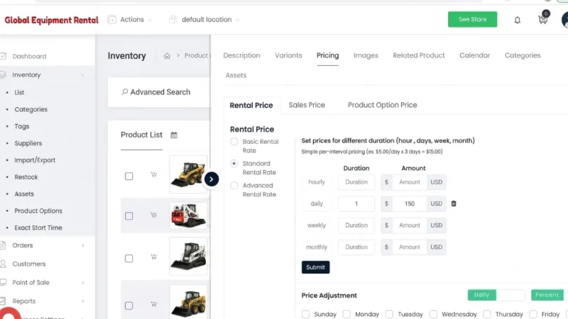 RentMy platform showing hourly, daily, and weekly pricing setup for skid steer rental business