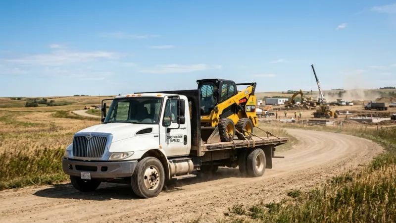 Skid steer rental business truck delivering equipment to construction site