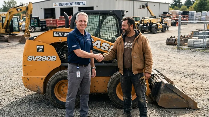 Skid steer rental business handshake agreement at equipment yard