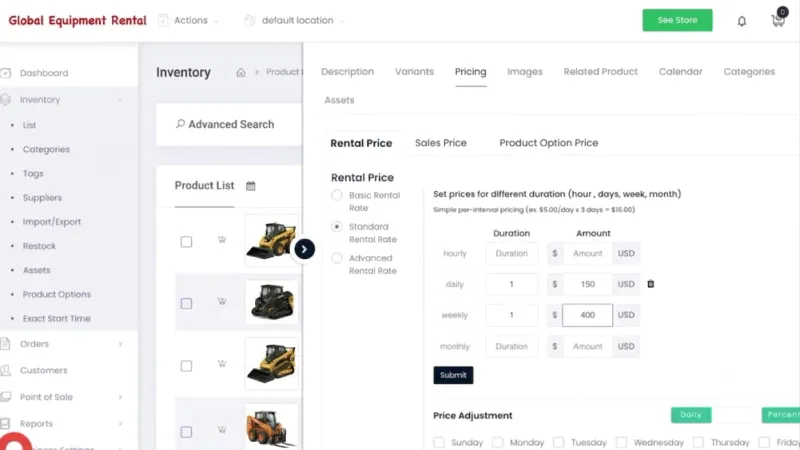 RentMy minimum rental period setup for skid steer rental business pricing