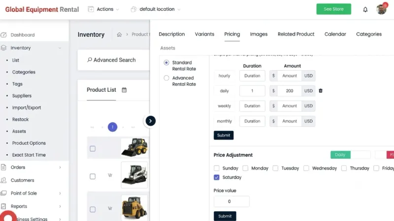 RentMy seasonal pricing rules setup for skid steer rental business